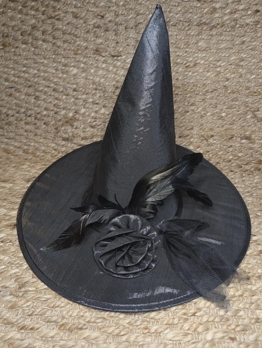 Women's Lace Mesh Black Rose Flower & Feather Halloween Witch Hat Party Costume